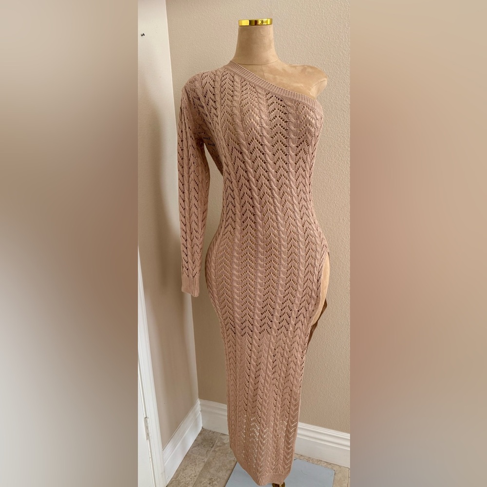 One-Shoulder Knit Maxi Dress in Beige beach cover up